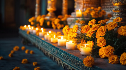serene sacred space adorned with vibrant marigold flowers and glowing candles creates peaceful atmosphere for reflection and devotion