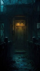 A haunted house scene featuring cobwebs, creaky doors, and dim lighting, creating an eerie atmosphere perfect for Halloween.