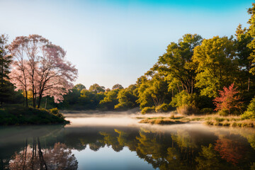 Obraz premium Tranquil Lakeside at Dawn with Misty Reflections and Evergreen Trees