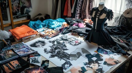 A vibrant cosplay design table filled with sewing patterns