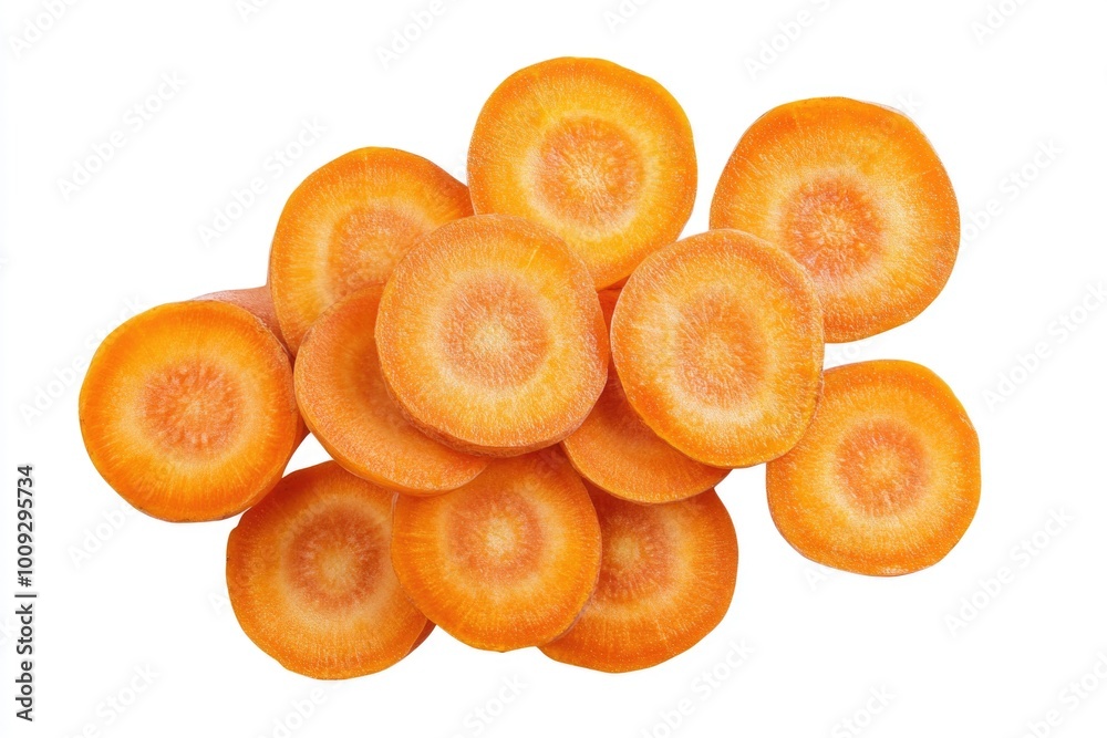 Poster freshly sliced carrots arranged neatly on a clean white surface, great for food photography or as a 