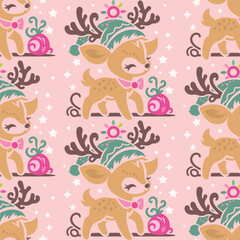 Light pink color Christmas pattern. Christmas cute reindeer background.
