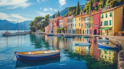 Obraz premium Colorful houses line the waterfront of a picturesque harbor with boats docked and mountains in the background.