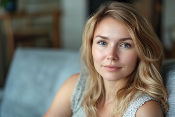 Fototapeta premium A person sitting on a couch, looking directly at the camera