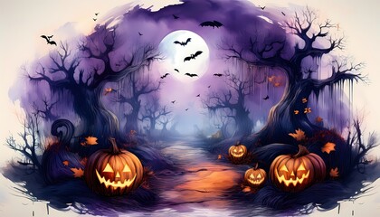 Watercolor painting of night spooky glowing jack-o-lantern and bats on the misty forest. Halloween background