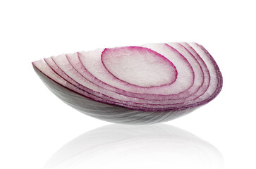 Red onion slice isolated on white. Volumetric light from behind.