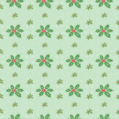 Green Christmas seamless pattern with holly berries.
