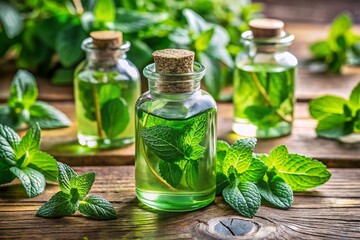 Fresh mint leaves and mint extract in glass bottles with herbs arranged on a wooden table backdrop