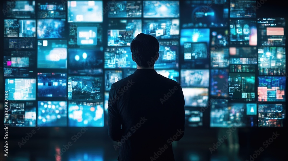 Poster a person standing in front of a wall of television screens, perfect for use as a background or prop 