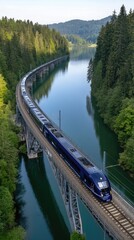 A high-speed train travels along the railway, showcasing a modern passenger car against a backdrop of lush greenery, a lake, mountains, and a beautiful autumn sunrise.