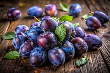 Fresh prunes on wooden table, highlighting vibrant color and natural texture of fruit harvest season