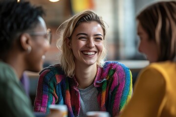 Fototapeta premium Three women having a conversation and laughing together, possibly over coffee or drinks