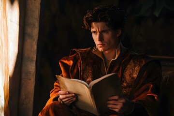 Young man in a richly embroidered robe reads a book by a window.