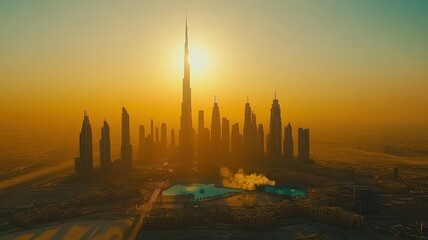 Obraz premium A city skyline with a large building in the middle