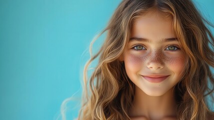 Fototapeta premium smiling young girl holding a sleek shampoo bottle and conditioner with a bright blue background highlighting the essence of selfcare and beauty