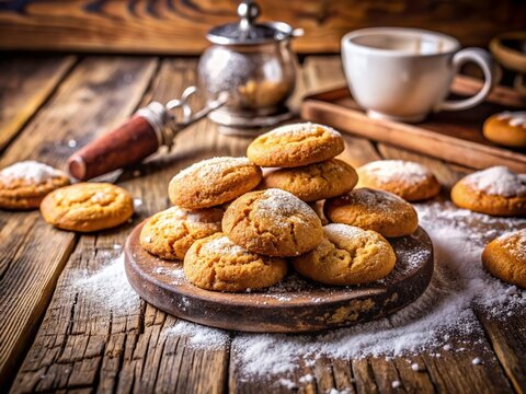 Freshly Baked Maicillo Cookies on a Rustic Wooden Table with Flour Dust and Ingredients Nearby