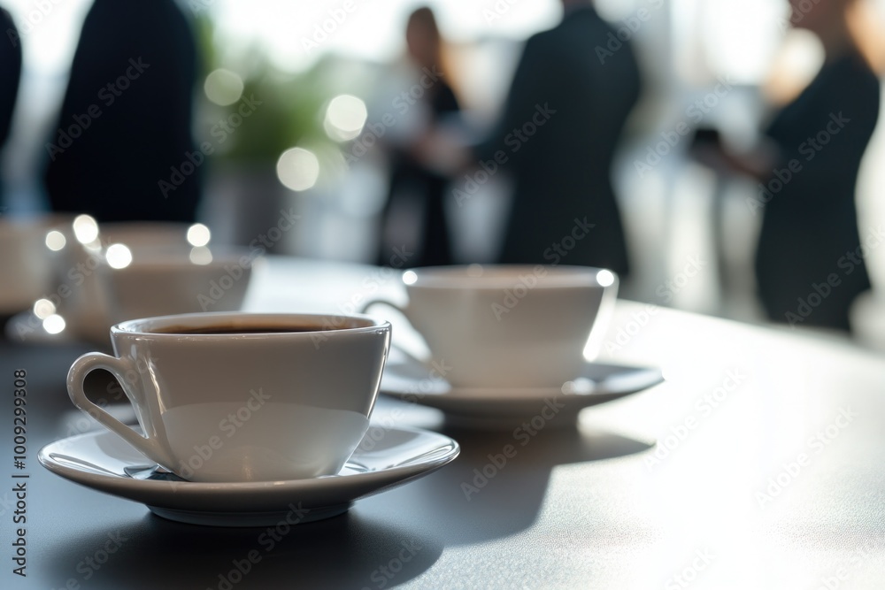 Poster a collection of coffee cups sits on a table, ready for use