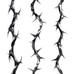 Silver metal rose vines with sharp thorns. Gothic prickly vine elements isolated