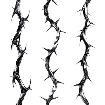 Silver metal rose vines with sharp thorns. Gothic prickly vine elements isolated