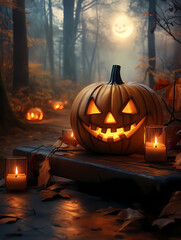 Obraz premium Spooky Halloween Scene with Jack-O'-Lantern, Full Moon, and Graveyard