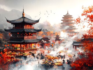 Fototapeta premium Captivating scene from the annual Taoist vegetarian festival featuring a diverse display of meatless delicacies including savory tofu vegetable stir fries and aromatic herbal broths