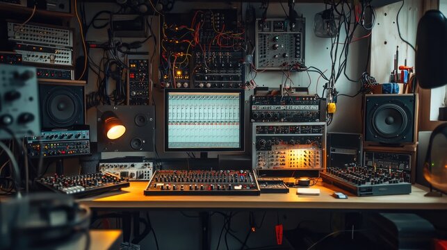 A desk with various electronic devices and gadgets