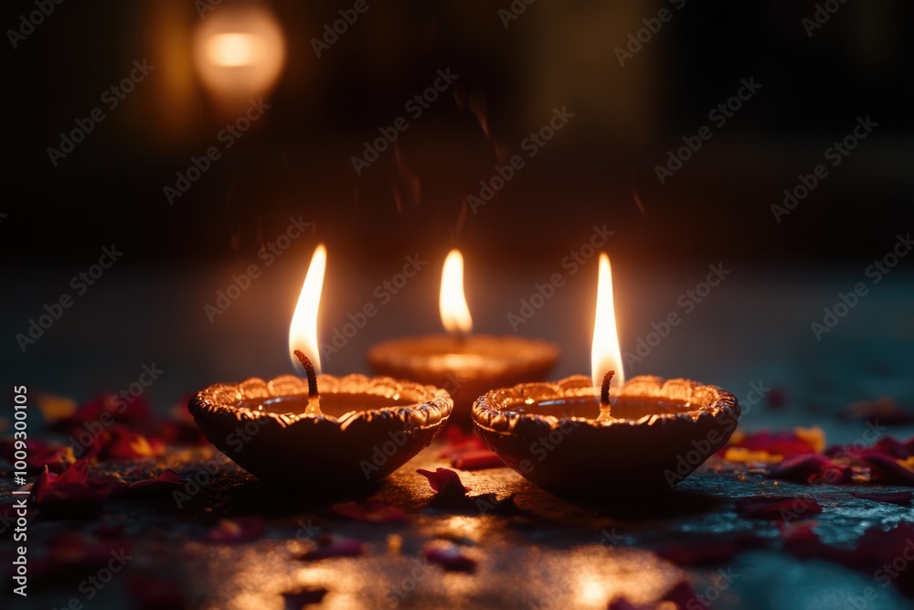 Poster Three lit candles placed on a table with a simple background