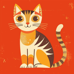 Retro vintage orange cat sitting. Vector illustration
