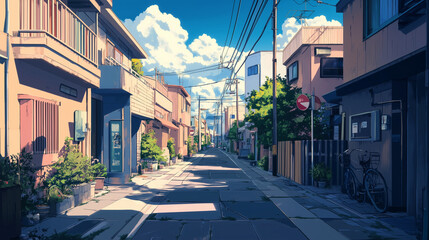 Sunlit lo-fi residential street in a quiet neighborhood