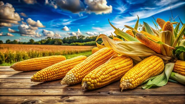 Freshly harvested chompipe corn on a wooden table, showcasing vibrant colors and natural textures