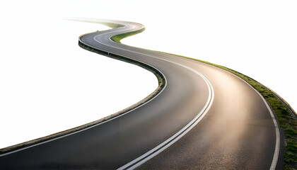 winding road.A smooth, winding road curving gracefully, isolated on a clean white background. The road features subtle shadows and highlights to emphasize its depth and curvature