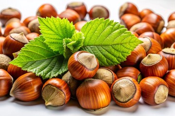 Freshly harvested hazelnuts on a clean white background showcasing their natural texture and color