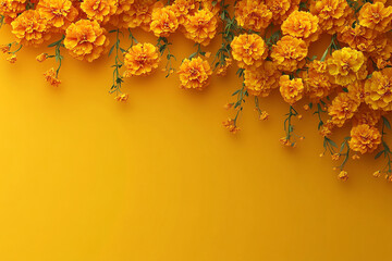 Garland of Marigolds on a yellowbackground. Day of the dead, Mexican holiday celebration. Hindu Puja. Festival Vishu, Ugadi or Gudi Padwa. Traditional Indian banner with copy space