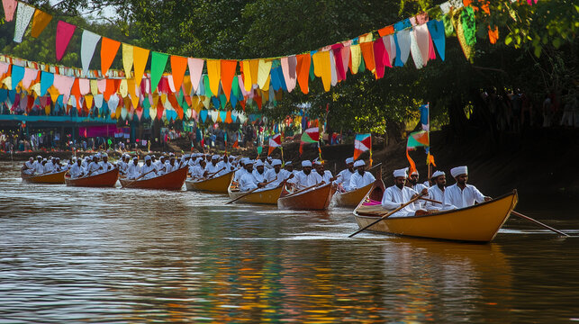 Aranmula Vallasadhya festival in Kerala, traditional snake boats lined up on the Pamba river, decorated with bright colors and flags, Ai generated images