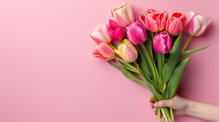 Hand holding a bouquet of pink and white tulips on pastel pink background. Banner with empty copy space