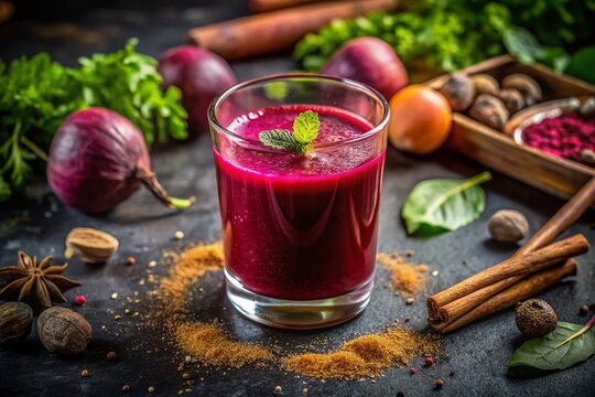 Freshly Prepared Salgam Juice in a Clear Glass Surrounded by Beets and Spices on a Rustic Table