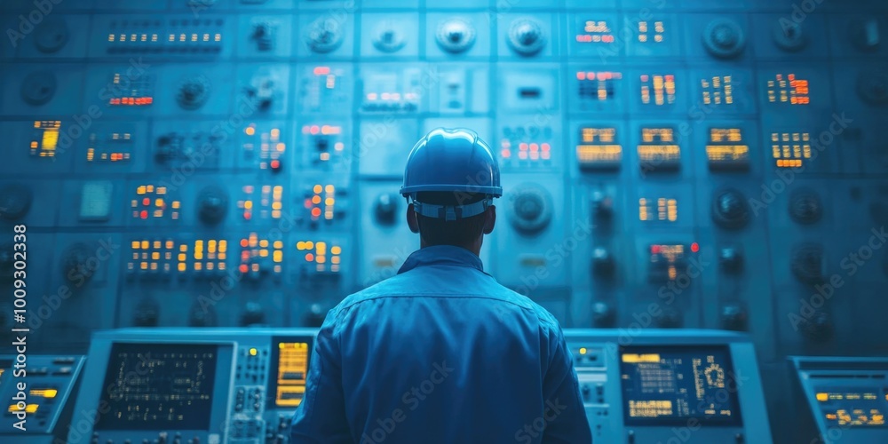 Poster A worker wearing a hard hat stands in front of a control panel with various instruments and buttons