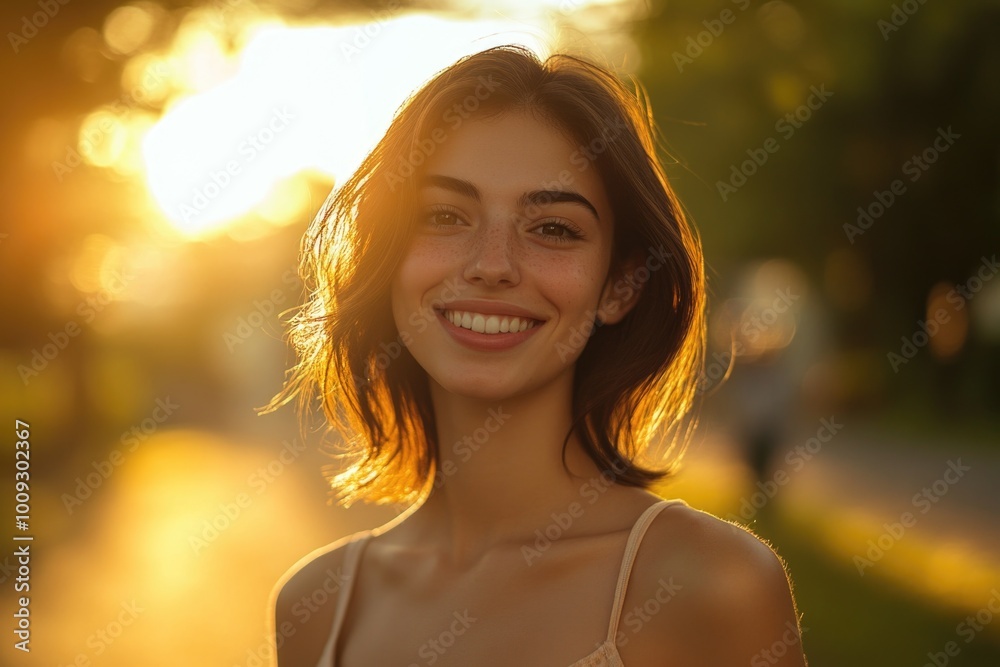 Wall mural A young woman stands in a park during the golden hour of sunset