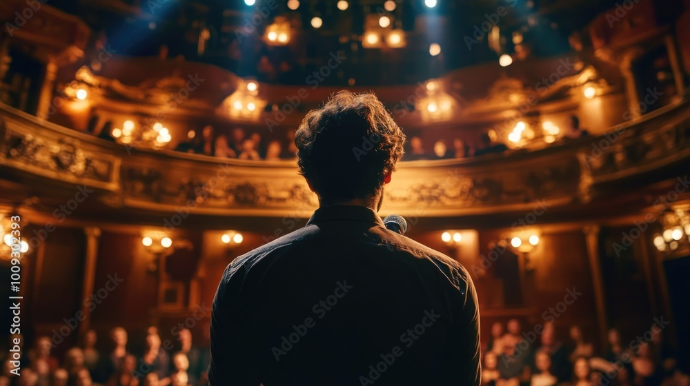 Poster a person standing in front of a crowd in a theatre, possibly giving a performance or presentation