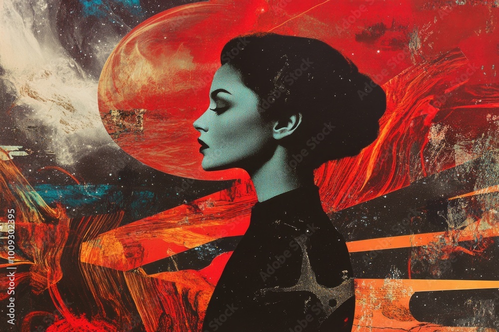 Poster A woman stands under a bright red moon, compact and straightforward description