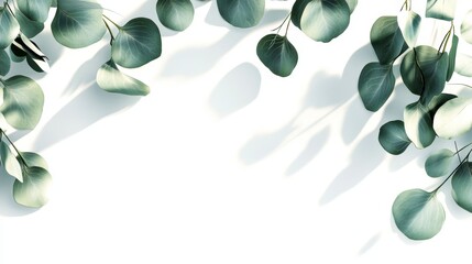 Eucalyptus Leaves on White Background with Soft Shadows Minimalist Design