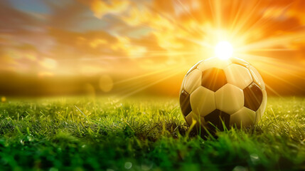 Fototapeta premium Soccer ball on green grass field at sunset with warm sunlight. Sport banner with copy space