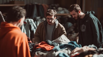 Obraz premium Three men are looking at a pile of clothes