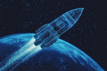 A space shuttle soaring above a bright blue planet