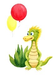 Green dragon sitting near grass with hellium balloons on white background. Cute baby hand drawn illustration for greeting cards, kid posters, decor
