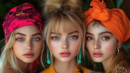 Obraz premium Three Young Women in Headscarves with Bright Eyes and a Casual Look
