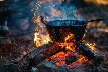 A black pot with a fire in it sits on a pile of wood, generative ai image
