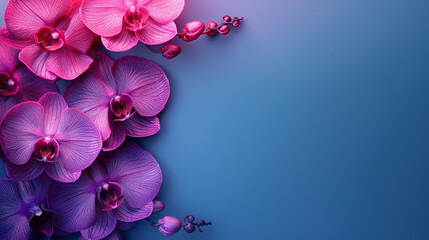 Fototapeta premium Banner with elegant orchid flowers in shades of purple and pink on soft gradient background. Empty copy space for design