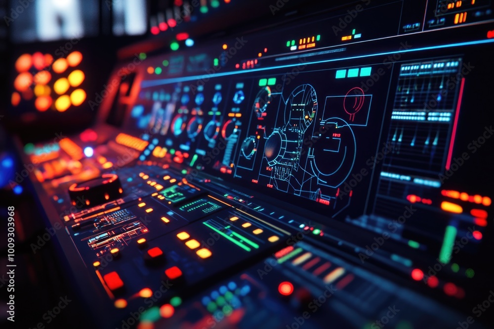 Poster a detailed view of a control panel in a room, suitable for use in interior design or technology-rela