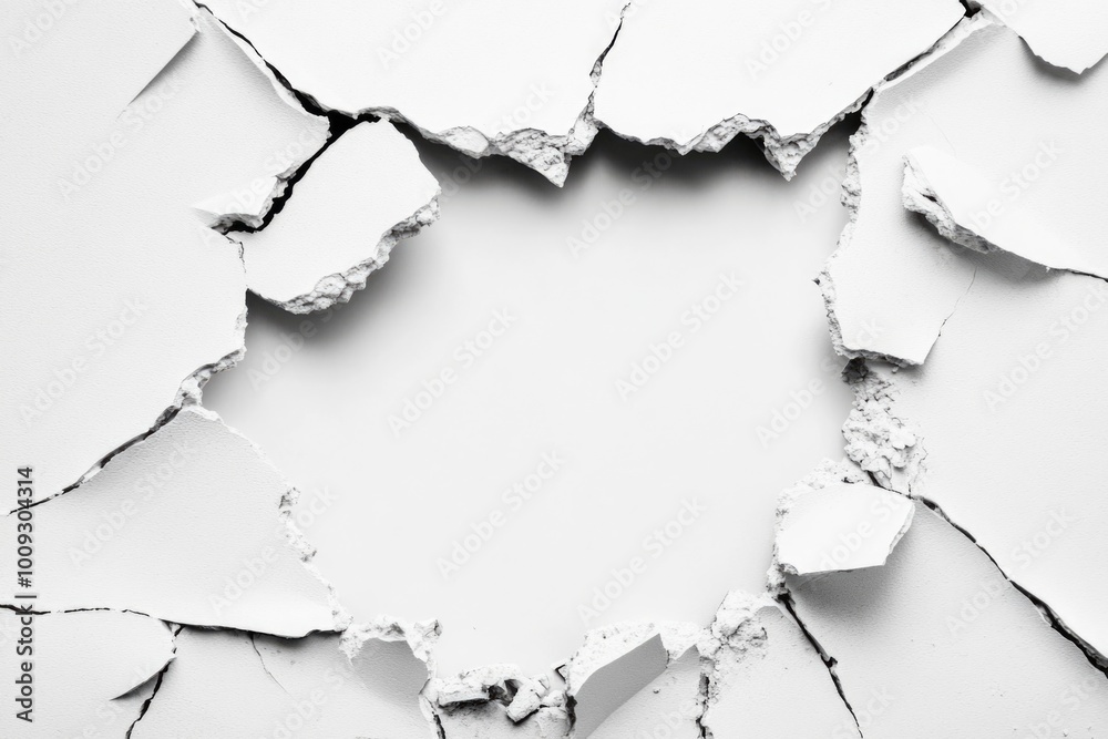 Poster a hole in a white wall with a pair of scissors inserted, ideal for illustration or design